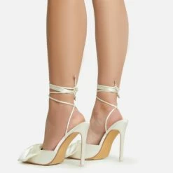 EGO Bowdown Lace Up Bow Detail Pointed Toe Stiletto Heel In Cream Satin -EGO Sales Store 06 01 23 fw47420 sb