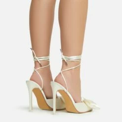 EGO Bowdown Lace Up Bow Detail Pointed Toe Stiletto Heel In Cream Satin -EGO Sales Store 06 01 23 fw47421 sb2