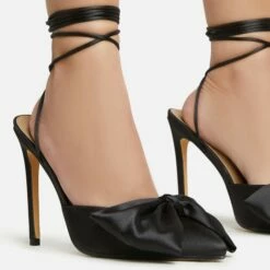 EGO Bowdown Lace Up Bow Detail Pointed Toe Stiletto Heel In Black Satin -EGO Sales Store 06 01 23 fw47424 sq