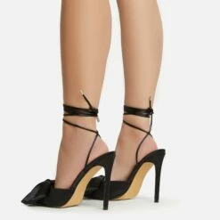 EGO Bowdown Lace Up Bow Detail Pointed Toe Stiletto Heel In Black Satin -EGO Sales Store 06 01 23 fw47425 sb