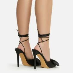 EGO Bowdown Lace Up Bow Detail Pointed Toe Stiletto Heel In Black Satin -EGO Sales Store 06 01 23 fw47426 sb2