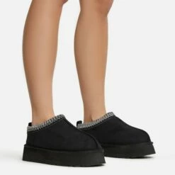 EGO Tazmin Aztec Detail Faux Fur Lining Platform Slipper In Black Faux Suede -EGO Sales Store 06 01 23 fw47470 s
