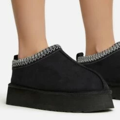 EGO Tazmin Aztec Detail Faux Fur Lining Platform Slipper In Black Faux Suede -EGO Sales Store 06 01 23 fw47471 sq