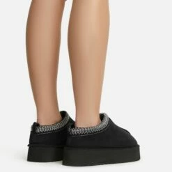 EGO Tazmin Aztec Detail Faux Fur Lining Platform Slipper In Black Faux Suede -EGO Sales Store 06 01 23 fw47473 sb