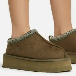 EGO Tazmin Aztec Detail Faux Fur Lining Platform Slipper In Green Faux Suede -EGO Sales Store 06 01 23 fw47486 sq