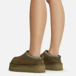 EGO Tazmin Aztec Detail Faux Fur Lining Platform Slipper In Green Faux Suede -EGO Sales Store 06 01 23 fw47487 sb