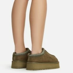 EGO Tazmin Aztec Detail Faux Fur Lining Platform Slipper In Green Faux Suede -EGO Sales Store 06 01 23 fw47488 sb