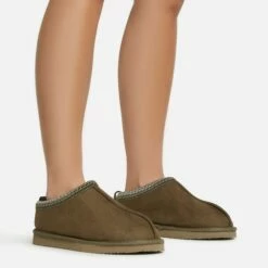 EGO Catch-Up Aztec Detail Faux Fur Lining Flat Slipper In Green Faux Suede -EGO Sales Store 06 01 23 fw47490 s