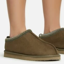 EGO Catch-Up Aztec Detail Faux Fur Lining Flat Slipper In Green Faux Suede -EGO Sales Store 06 01 23 fw47491 sq