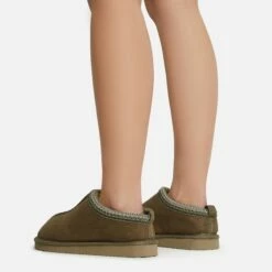 EGO Catch-Up Aztec Detail Faux Fur Lining Flat Slipper In Green Faux Suede -EGO Sales Store 06 01 23 fw47492 sb