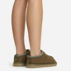 EGO Catch-Up Aztec Detail Faux Fur Lining Flat Slipper In Green Faux Suede -EGO Sales Store 06 01 23 fw47493 sb