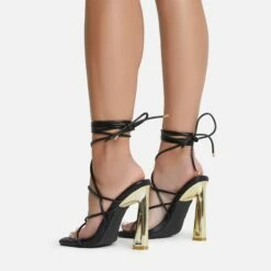 EGO Roseville Lace Up Quilted Insole Square Toe Cut Out Flared Heel In Black Faux Leather -EGO Sales Store 06 07 221447