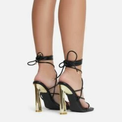 EGO Roseville Lace Up Quilted Insole Square Toe Cut Out Flared Heel In Black Faux Leather -EGO Sales Store 06 07 221448