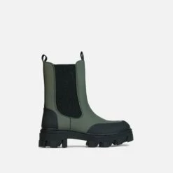 EGO Maddy Rubber Toe Detail Chunky Sole Ankle Chelsea Biker Boot In Green Matte Rubber -EGO Sales Store 06 10 22 fw10434