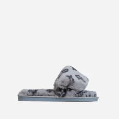 EGO Blanket Velcro Strap Printed Detail Square Peep Toe Flat Slipper In Grey Faux Fur -EGO Sales Store 06 10 22 fw10479