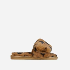 EGO Blanket Velcro Strap Printed Detail Square Peep Toe Flat Slipper In Tan Brown Faux Fur -EGO Sales Store 06 10 22 fw10480