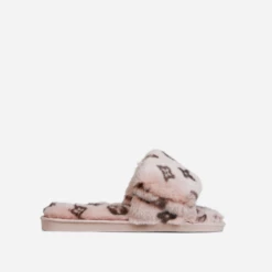EGO Blanket Velcro Strap Printed Detail Square Peep Toe Flat Slipper In Pink Faux Fur -EGO Sales Store 06 10 22 fw10481