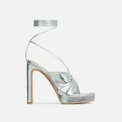 EGO Ranger Lace Up Twisted Strap Detail Square Toe Platform Thin Block Heel In Silver Metallic Faux Leather -EGO Sales Store 06 10 22 fw10487