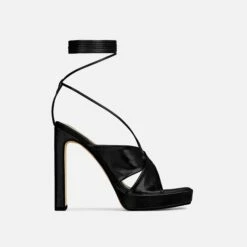 EGO Ranger Lace Up Twisted Strap Detail Square Toe Platform Thin Block Heel In Black Metallic Faux Leather -EGO Sales Store 06 10 22 fw10488