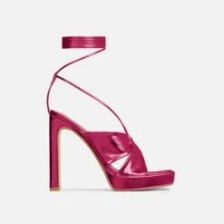 EGO Ranger Lace Up Twisted Strap Detail Square Toe Platform Thin Block Heel In Pink Metallic Faux Leather -EGO Sales Store 06 10 22 fw10489