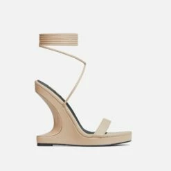 EGO Raven Lace Up Platform Sole Cut Out Wedge Heel In Nude Faux Leather -EGO Sales Store 06 10 22 fw10496
