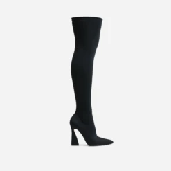 EGO Masterclass Pointed Toe Statement Flared Block Heel Over The Knee Thigh High Long Boot In Black Lycra -EGO Sales Store 06 10 22 fw10561