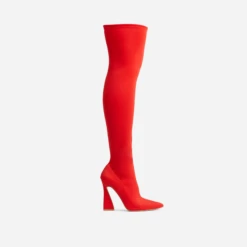 EGO Masterclass Pointed Toe Statement Flared Block Heel Over The Knee Thigh High Long Boot In Red Lycra -EGO Sales Store 06 10 22 fw10562