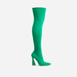 EGO Masterclass Pointed Toe Statement Flared Block Heel Over The Knee Thigh High Long Boot In Green Lycra -EGO Sales Store 06 10 22 fw10563