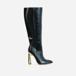 EGO Role-Play Pointed Toe Cut Out Metallic Heel Knee High Long Boot In Black Croc Print Faux Leather -EGO Sales Store 06 10 22 fw10568