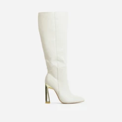EGO Role-Play Pointed Toe Cut Out Metallic Heel Knee High Long Boot In Cream Croc Print Faux Leather -EGO Sales Store 06 10 22 fw10569