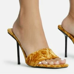 EGO Tribute Open Square Toe Stiletto Heel Mule In Mustard Velvet -EGO Sales Store 06 10 22 fw12649 sq