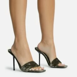 EGO Tribute Open Square Toe Stiletto Heel Mule In Khaki Green Velvet