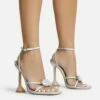 EGO Treasure Ankle Strap Gem Detail Square Toe Statement Heel In Silver Iridescent Faux Leather -EGO Sales Store 06 10 22 fw12668 sq