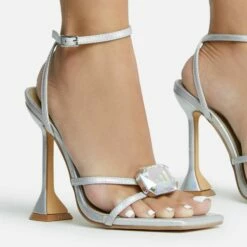 EGO Treasure Ankle Strap Gem Detail Square Toe Statement Heel In Silver Iridescent Faux Leather -EGO Sales Store 06 10 22 fw12669 sq