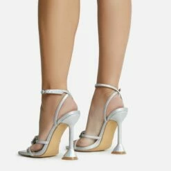 EGO Treasure Ankle Strap Gem Detail Square Toe Statement Heel In Silver Iridescent Faux Leather -EGO Sales Store 06 10 22 fw12671 sq