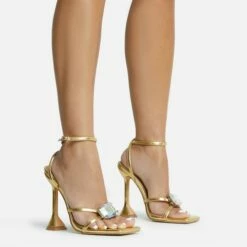 EGO Treasure Ankle Strap Gem Detail Square Toe Statement Heel In Gold Faux Leather