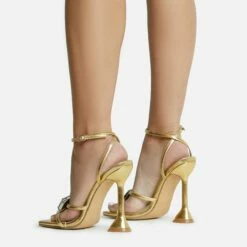EGO Treasure Ankle Strap Gem Detail Square Toe Statement Heel In Gold Faux Leather -EGO Sales Store 06 10 22 fw12676 sq