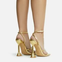 EGO Treasure Ankle Strap Gem Detail Square Toe Statement Heel In Gold Faux Leather -EGO Sales Store 06 10 22 fw12677 sq