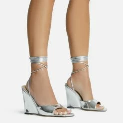 EGO Anthems Lace Up Square Peep Toe Wedge Heel In Silver Metallic Patent -EGO Sales Store 06 10 22 fw12761 sq