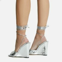 EGO Anthems Lace Up Square Peep Toe Wedge Heel In Silver Metallic Patent -EGO Sales Store 06 10 22 fw12764 sq