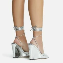 EGO Anthems Lace Up Square Peep Toe Wedge Heel In Silver Metallic Patent -EGO Sales Store 06 10 22 fw12765 sq