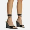 EGO Anthems Lace Up Square Peep Toe Wedge Heel In Black Patent