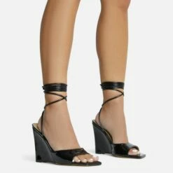 EGO Anthems Lace Up Square Peep Toe Wedge Heel In Black Patent