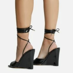 EGO Anthems Lace Up Square Peep Toe Wedge Heel In Black Patent -EGO Sales Store 06 10 22 fw12769 sq