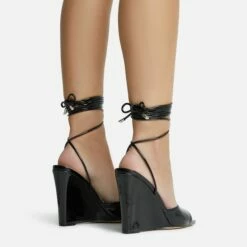EGO Anthems Lace Up Square Peep Toe Wedge Heel In Black Patent -EGO Sales Store 06 10 22 fw12770 sq