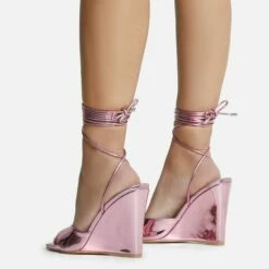 EGO Anthems Lace Up Square Peep Toe Wedge Heel In Pink Metallic Patent -EGO Sales Store 06 10 22 fw12774 sq