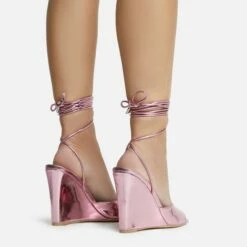 EGO Anthems Lace Up Square Peep Toe Wedge Heel In Pink Metallic Patent -EGO Sales Store 06 10 22 fw12775 sq