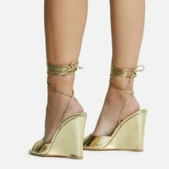 EGO Anthems Lace Up Square Peep Toe Wedge Heel In Gold Metallic Patent -EGO Sales Store 06 10 22 fw12779 sq