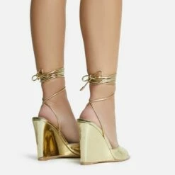 EGO Anthems Lace Up Square Peep Toe Wedge Heel In Gold Metallic Patent -EGO Sales Store 06 10 22 fw12780 sq