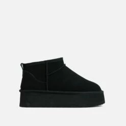 EGO Pumpkin Platform Sole Faux Fur Lining Ultra Mini Ankle Boot In Black Faux Suede -EGO Sales Store 06 10 22 fw15087